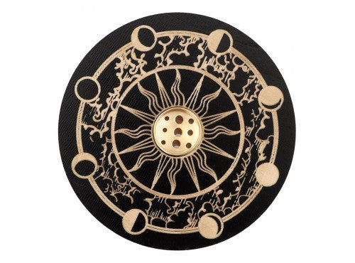 Wooden Incense & Cone Holder w/Brass (Moon Phase)