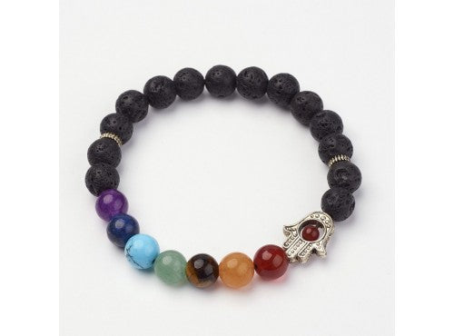 Chakra Lava Ball Bracelet w./Hamsa Hand