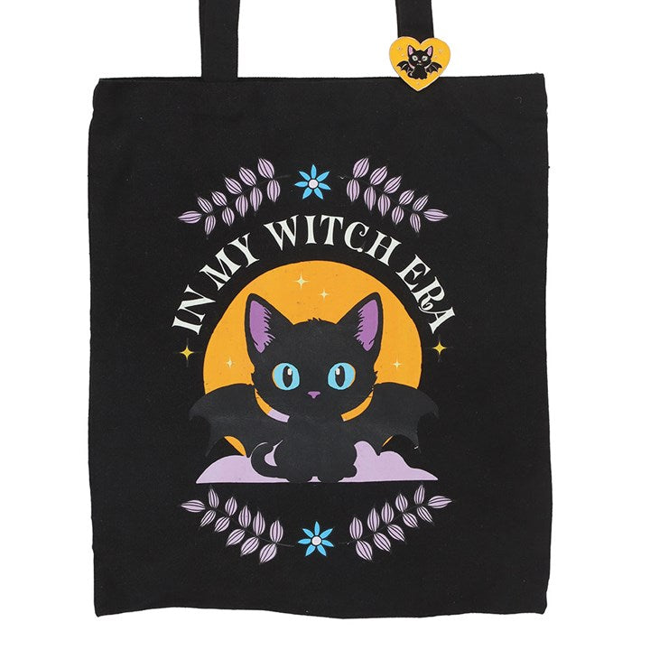 Tote Bag w/Enamel Pin - "In My Witch Era" Bat Cat - Polycotton