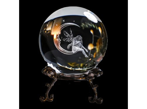 Glass Ball Sphere 60mm - Fairy Moon 3D Laser Engraved Quartz (On a stand)