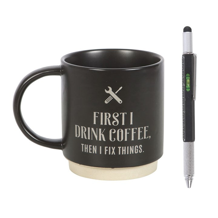Mug w/Multi-Tool Pen - "First I Drink Coffee, Then I Fix Things"