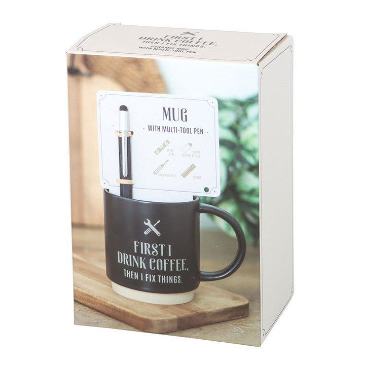 Mug w/Multi-Tool Pen - "First I Drink Coffee, Then I Fix Things"
