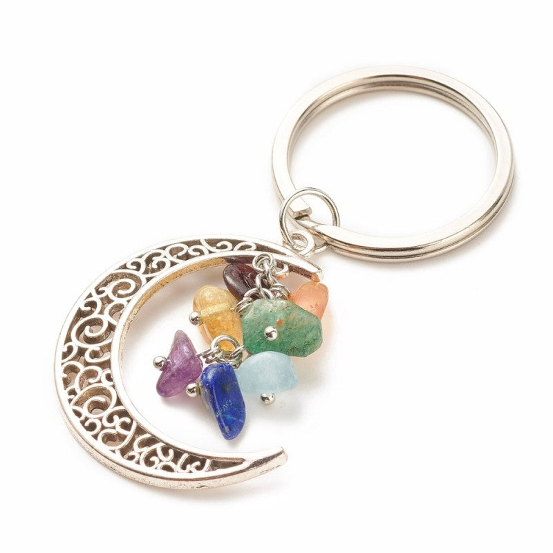 Key Ring Chakra Moon Shape Gemstone Chip