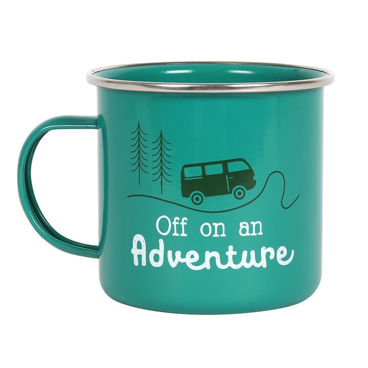 Mug Green Enamel Style "Off On An Adventure"