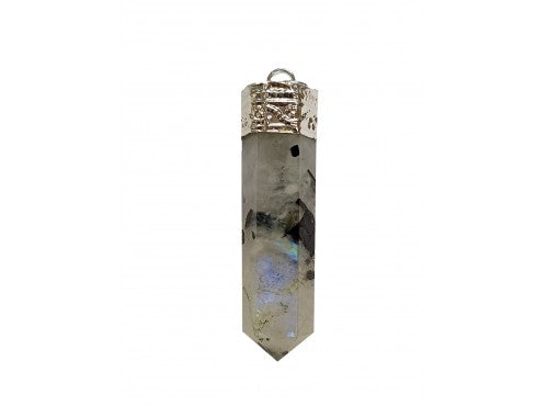 Pencil Pendant Silver Plated Cap - Rainbow Moonstone