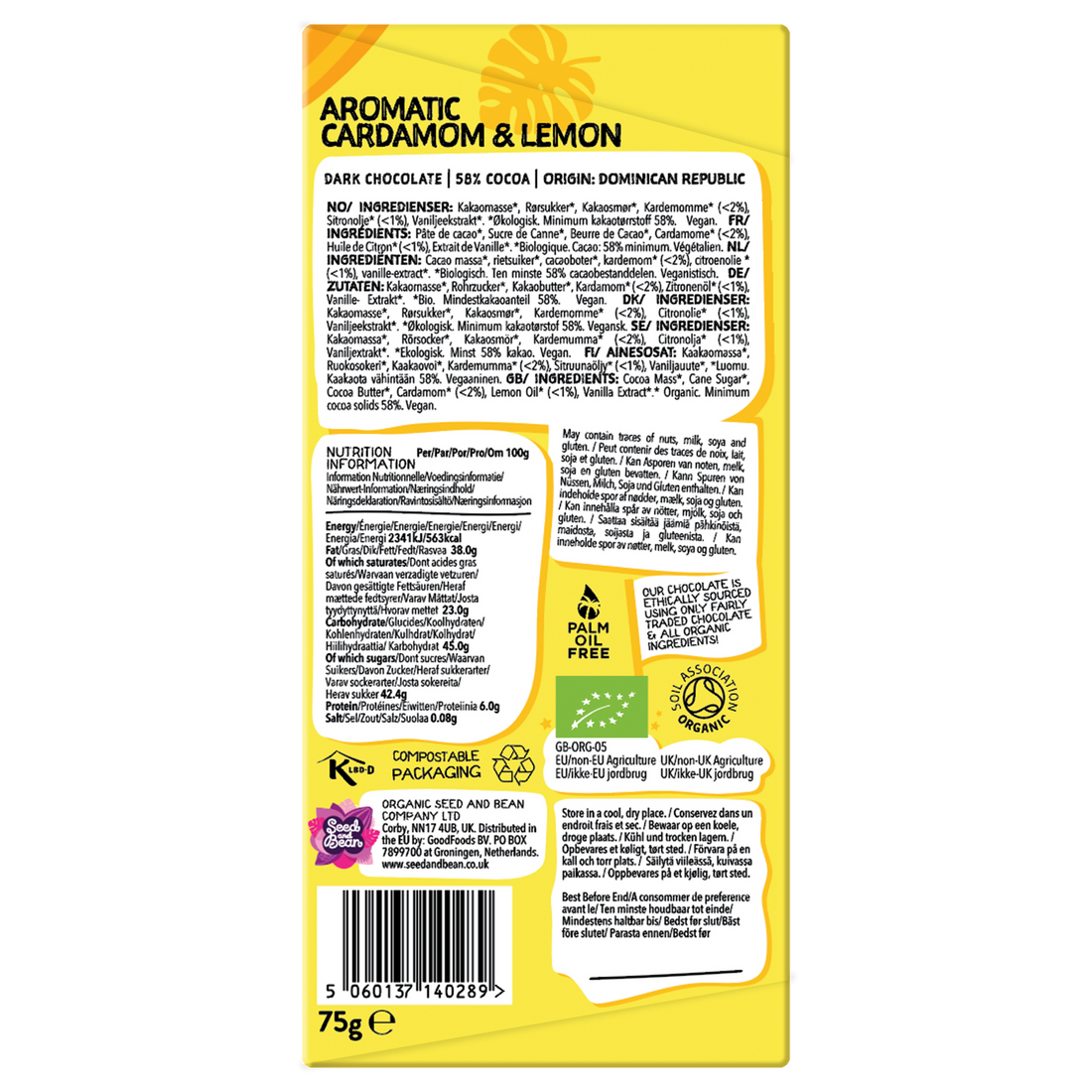 Seed & Bean Aromatic Cardamon & Lemon Dark Chocolate Bar 75g