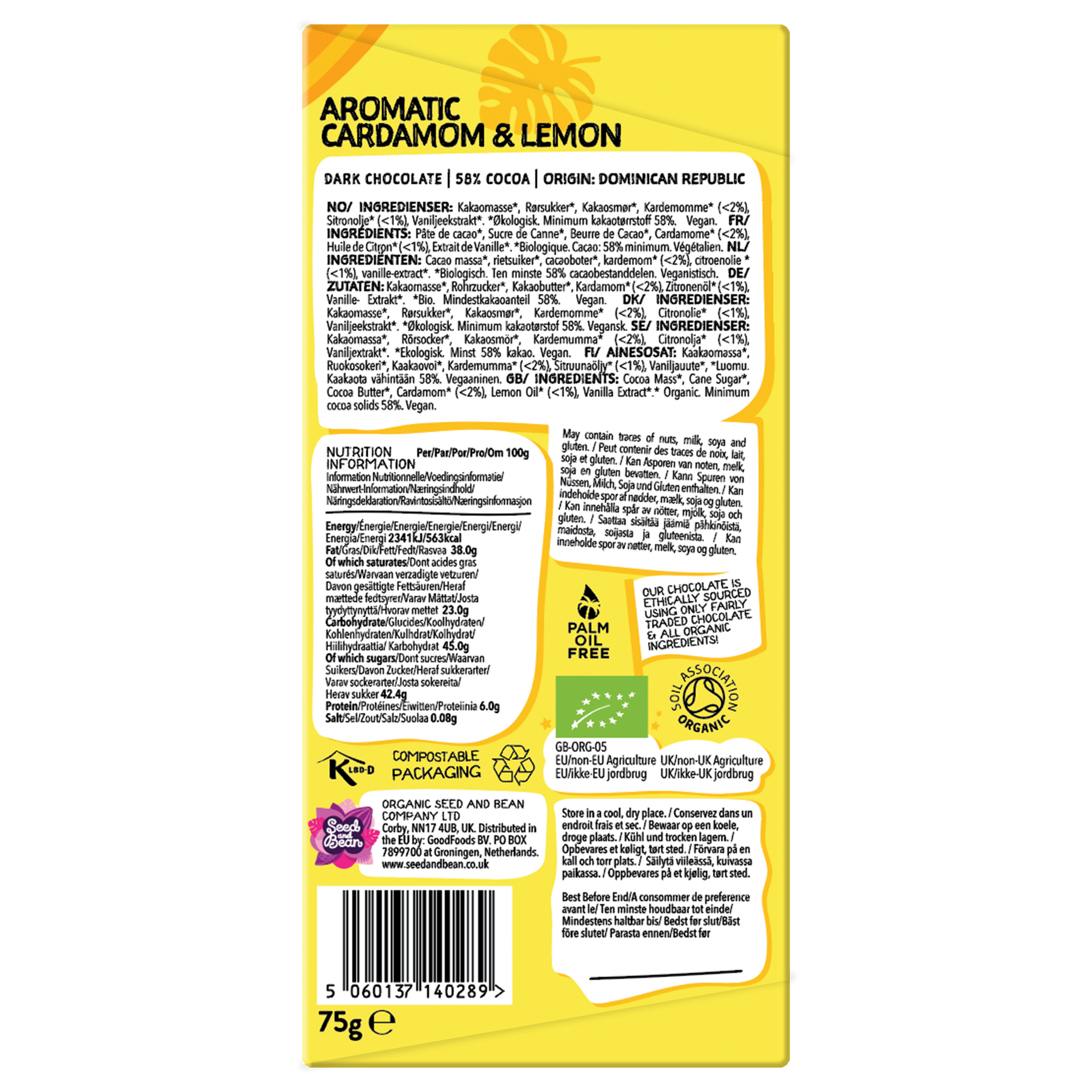 Seed & Bean Aromatic Cardamon & Lemon Dark Chocolate Bar 75g