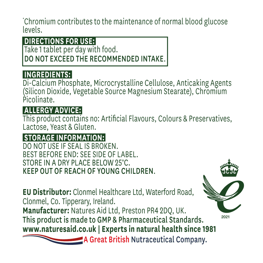 Natures Aid Chromium Picolinate 200ug elemental (90 Tabs)