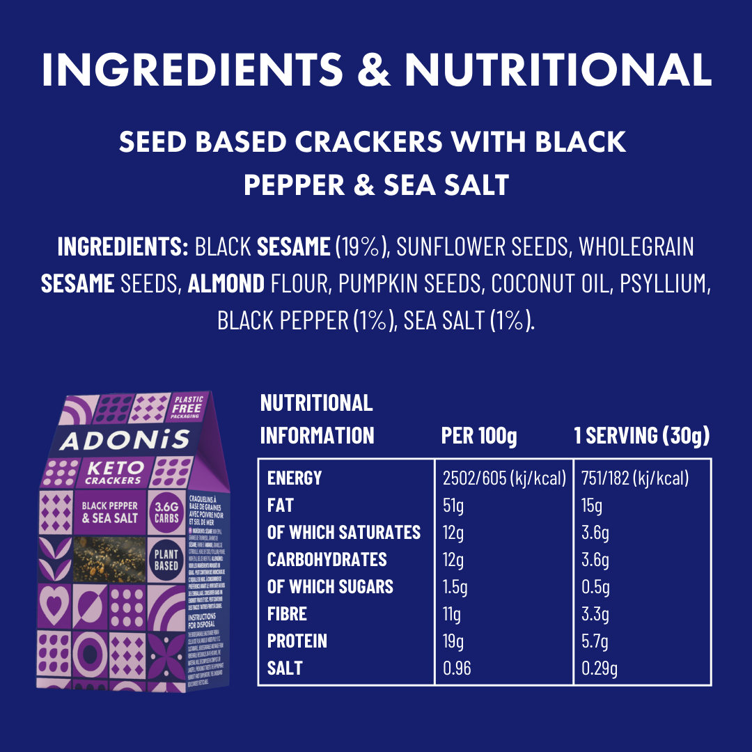 Adonis Crackers - (Black Pepper &amp; Sea Salt) Keto 60g