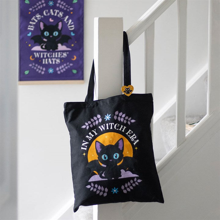 Tote Bag w/Enamel Pin - "In My Witch Era" Bat Cat - Polycotton