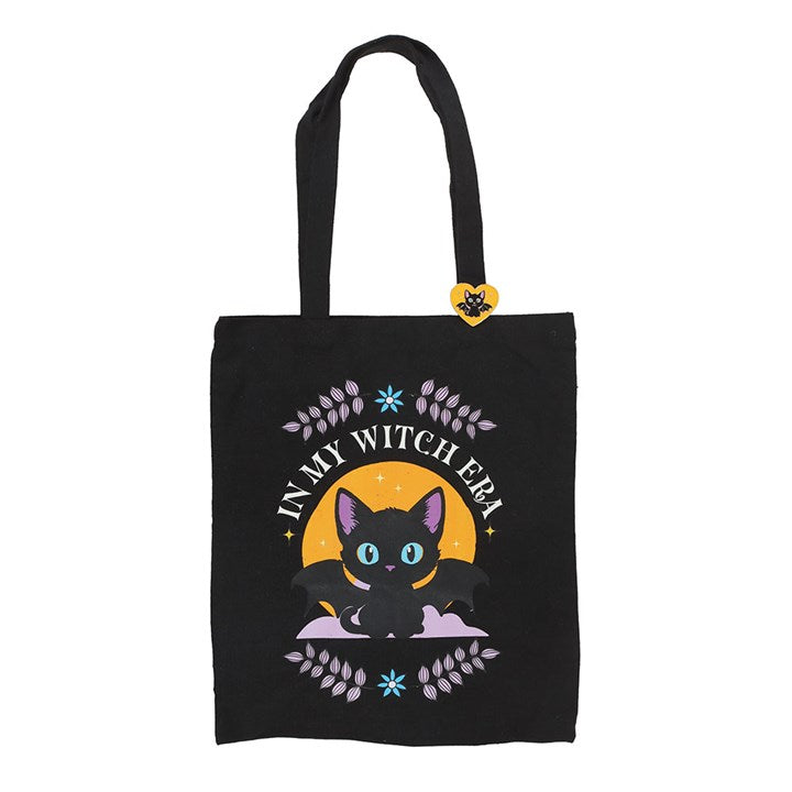 Tote Bag w/Enamel Pin - "In My Witch Era" Bat Cat - Polycotton