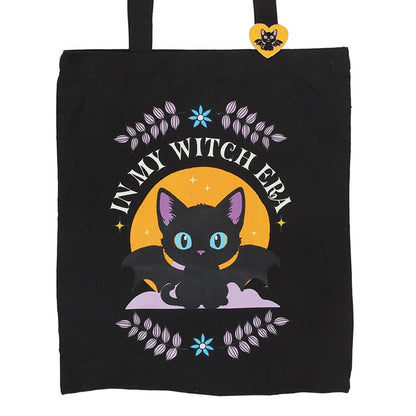 Tote Bag w/Enamel Pin - "In My Witch Era" Bat Cat - Polycotton