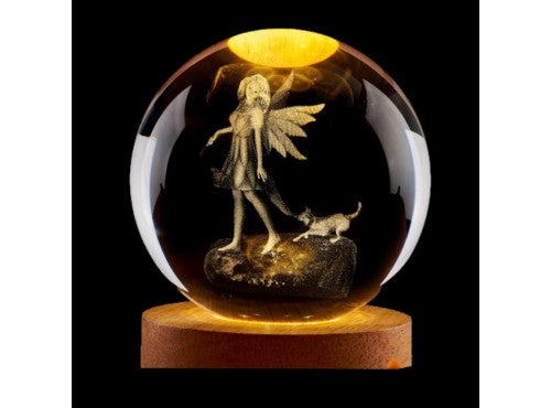 Glass Ball Sphere 60mm - Fairy &amp; Dog 3D Laser Engraved Quartz (On a stand)