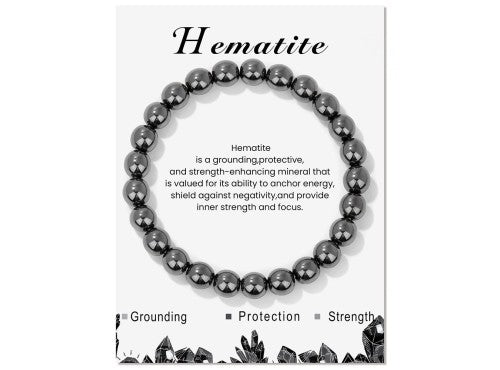 Bracelet - Hematite Gemstone Stretchy 8mm Ball with Message Card (55mm)