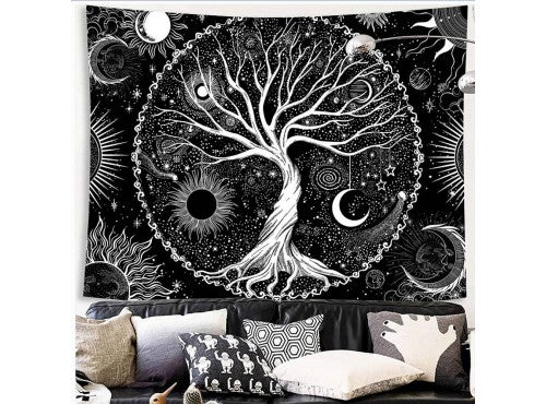 Tree of Life (Silver) Sun Moon Phase Mandala Tapestry