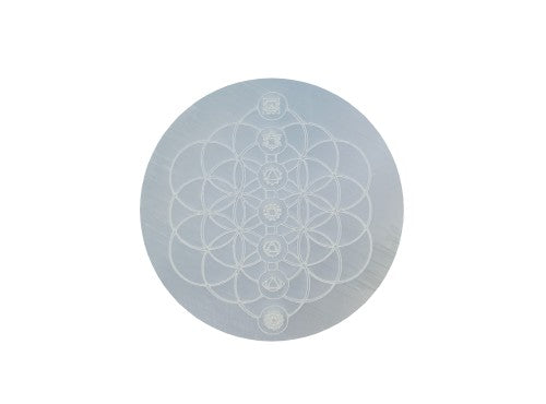 Selenite Charging Plate Round 10cm Flower of Life Chakra (Morocco)