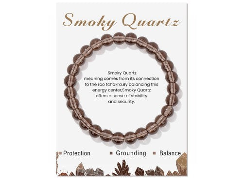 Bracelet - Smokey Quartz Gemstone Stretchy 8mm Ball with Message Card (55mm)