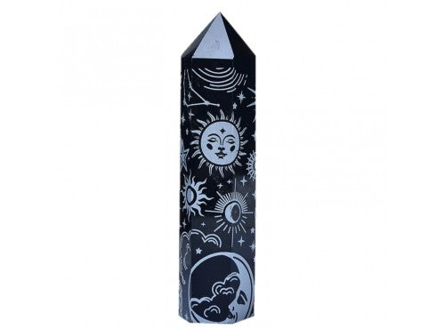 Obsidian Black Silver Star Moon Engraved Symbols Wand 70mm