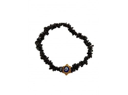 Obsidian 80mm Chip Gold Star &amp; Turkish Eye Bracelet