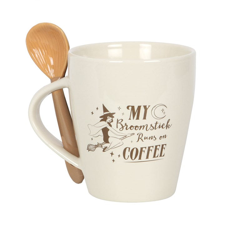 Mug &amp; Spoon Set - &quot;My Broomstick Runs on Coffee&quot;