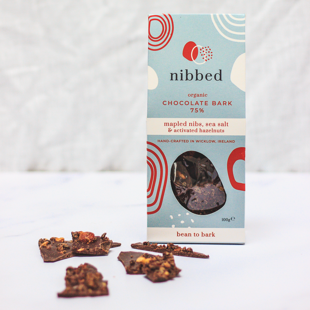 Nibbed Organic Chocolate Bark 75% (Mapled Nibs &amp; Sea Salt &amp; activated hazelnuts) 100g